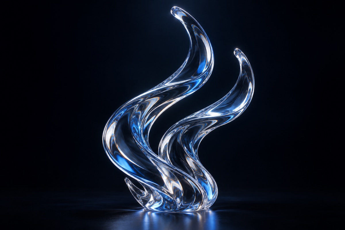 Silver and ice blue liquid glass ribbons flowing upward