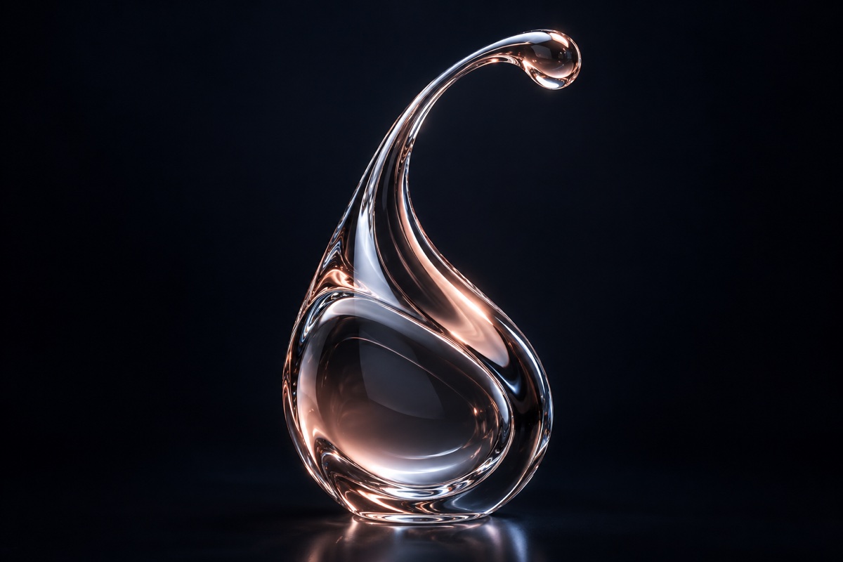 Rose tinted glass droplet stretching into a graceful arc