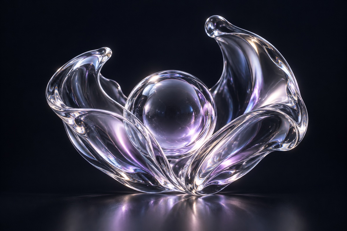 Pearl and violet liquid glass petals opening around a clear sphere