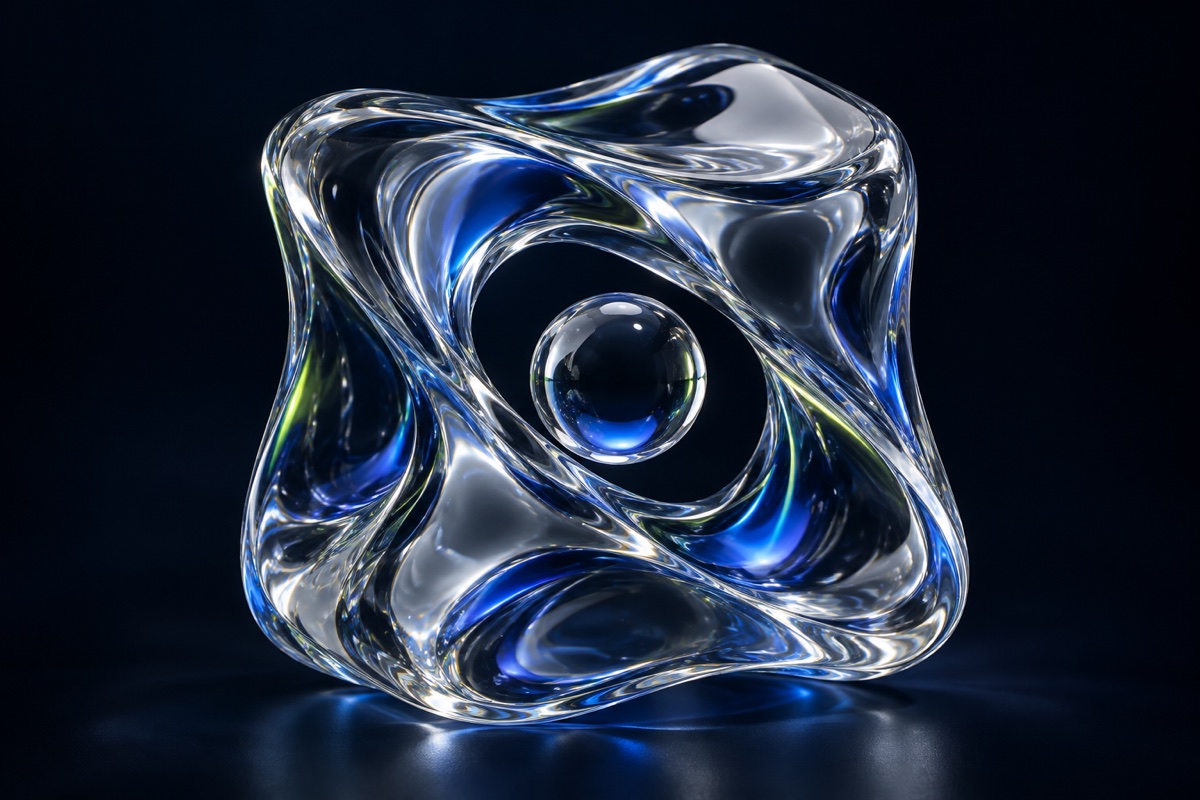 Cobalt liquid glass cube twisting around a suspended bead