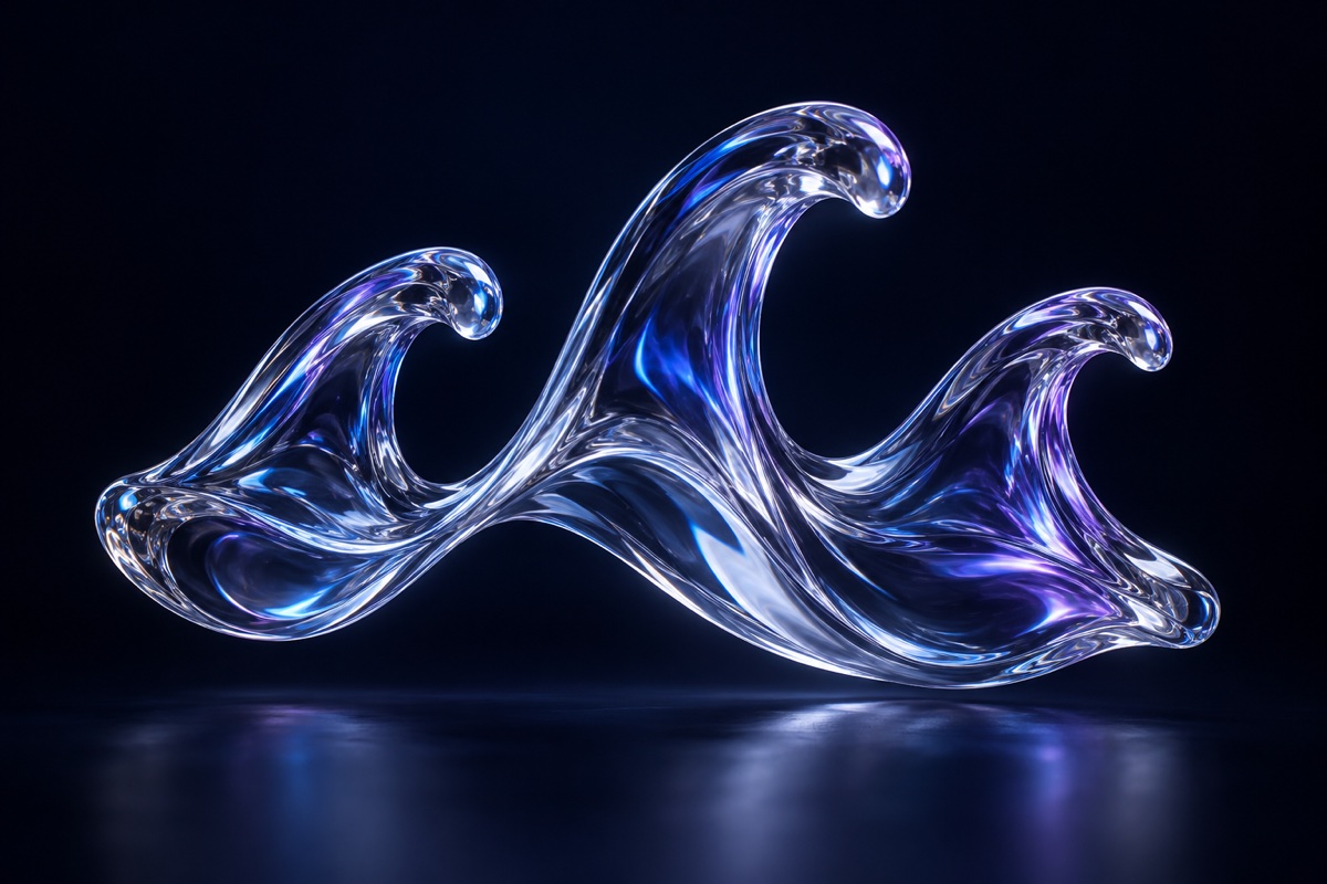 Violet and blue liquid glass wave with three rising crests
