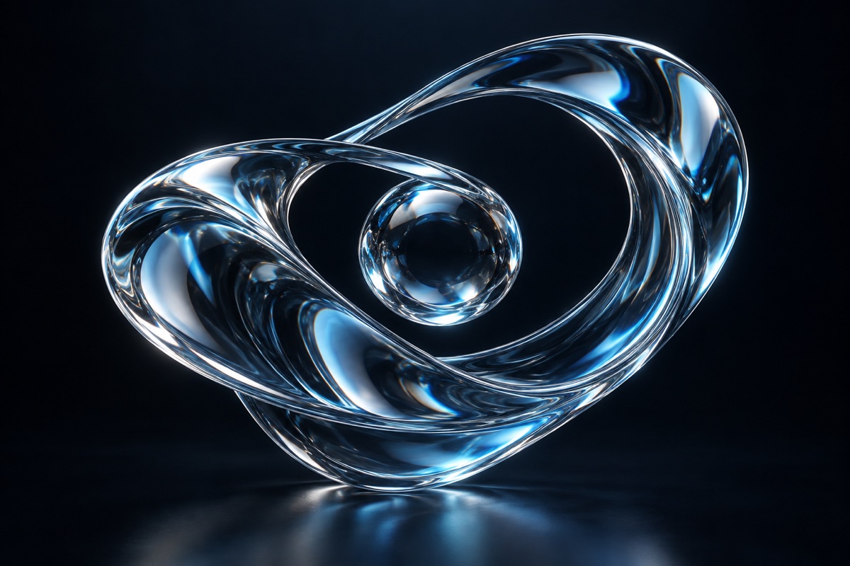 Cyan liquid glass orbit surrounding a suspended clear sphere